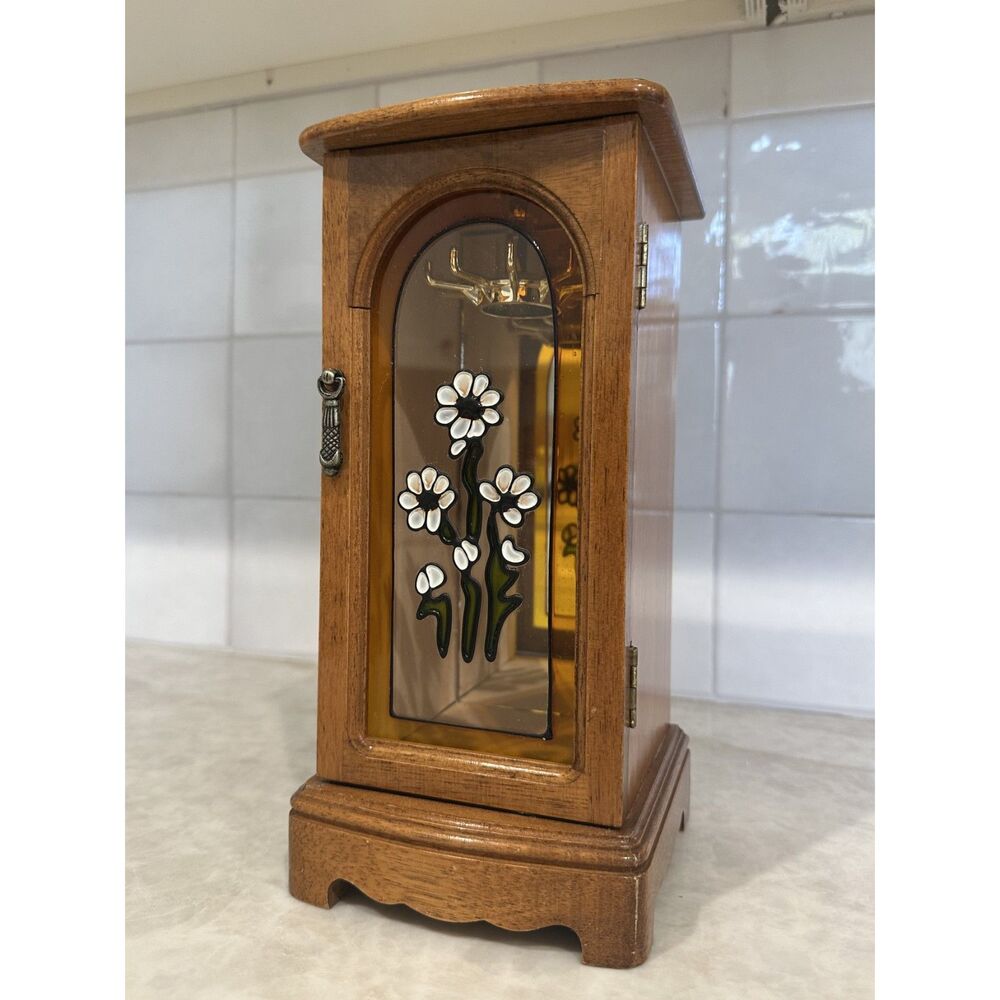 Vintage Wooden Jewelry Cabinet with Clear Floral Door, Mirror, & Necklace Hanger